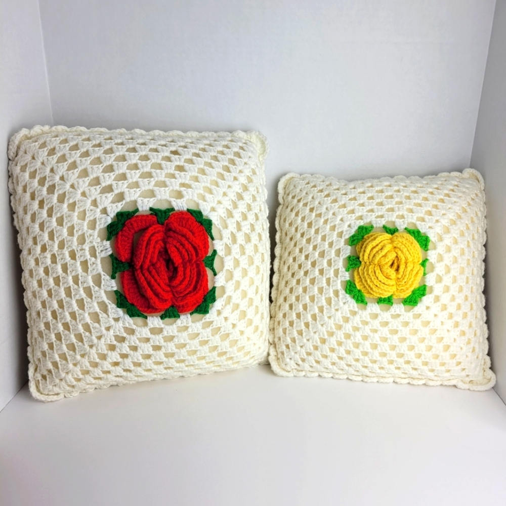 Vintage Set of 2 Handmade Crocheted Floral Red Yellow Rose Decorative Pillows